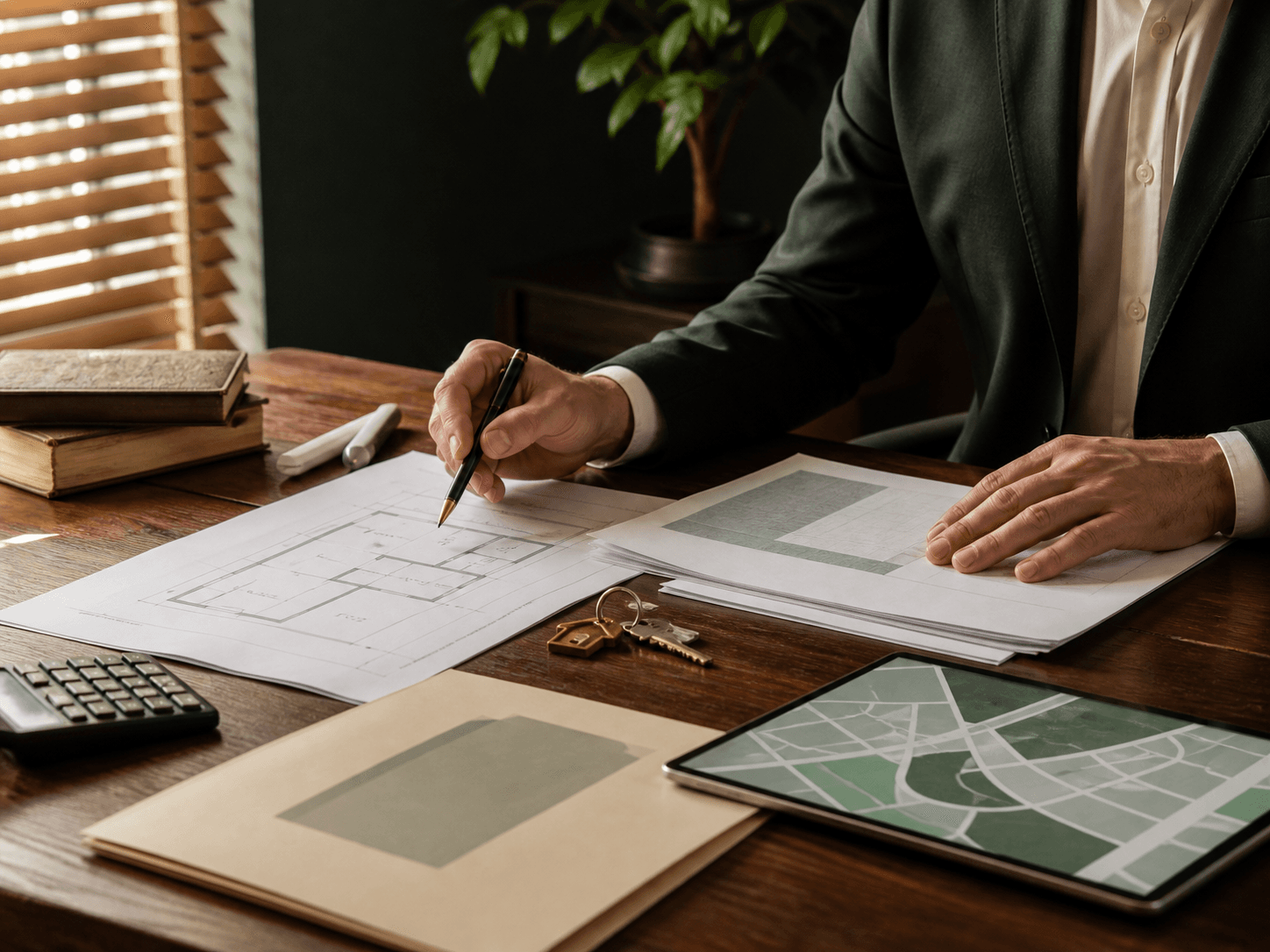Profissional analisando documentos, planta e localização de um imóvel